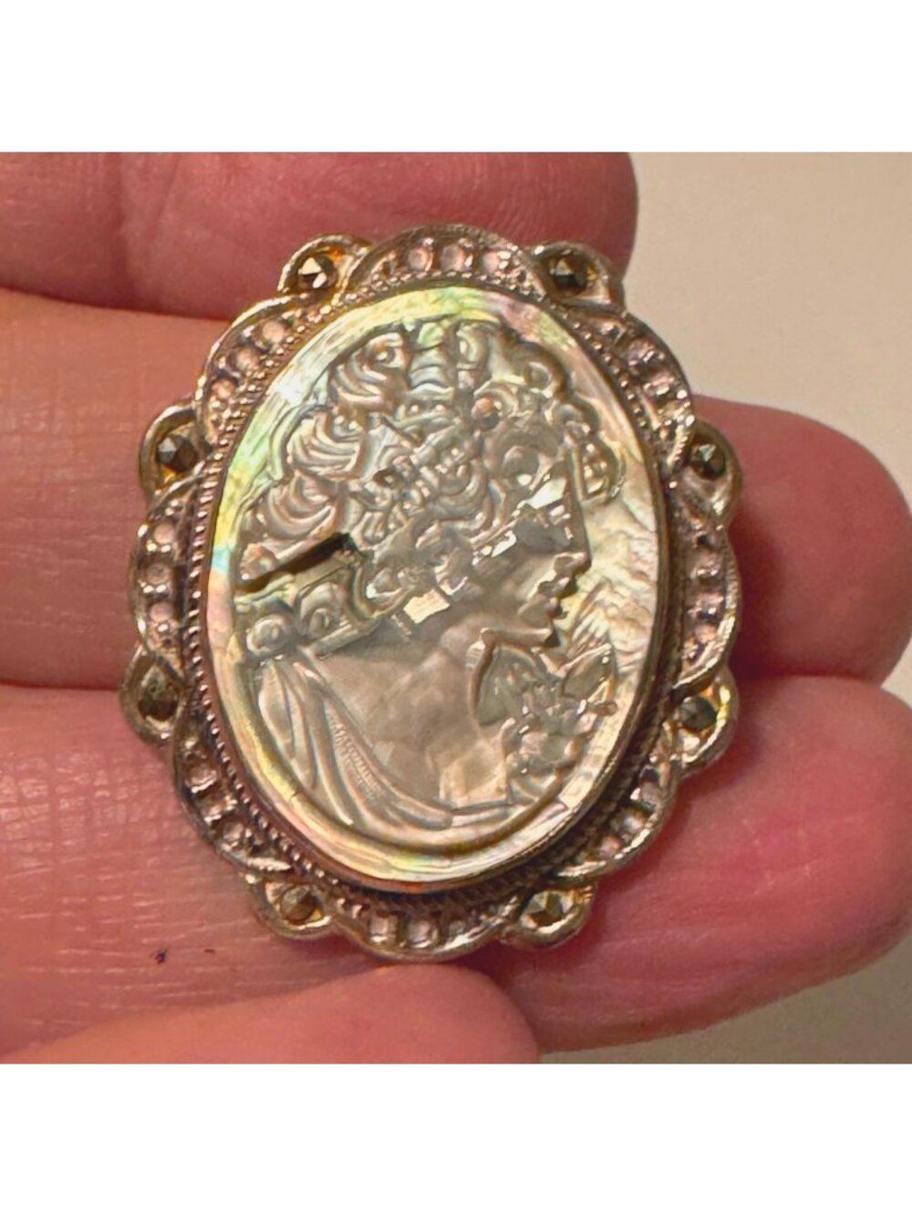 Italy Sterling Silver 925 Mother of Pearl Carved Cameo Brooch Size 1" Length